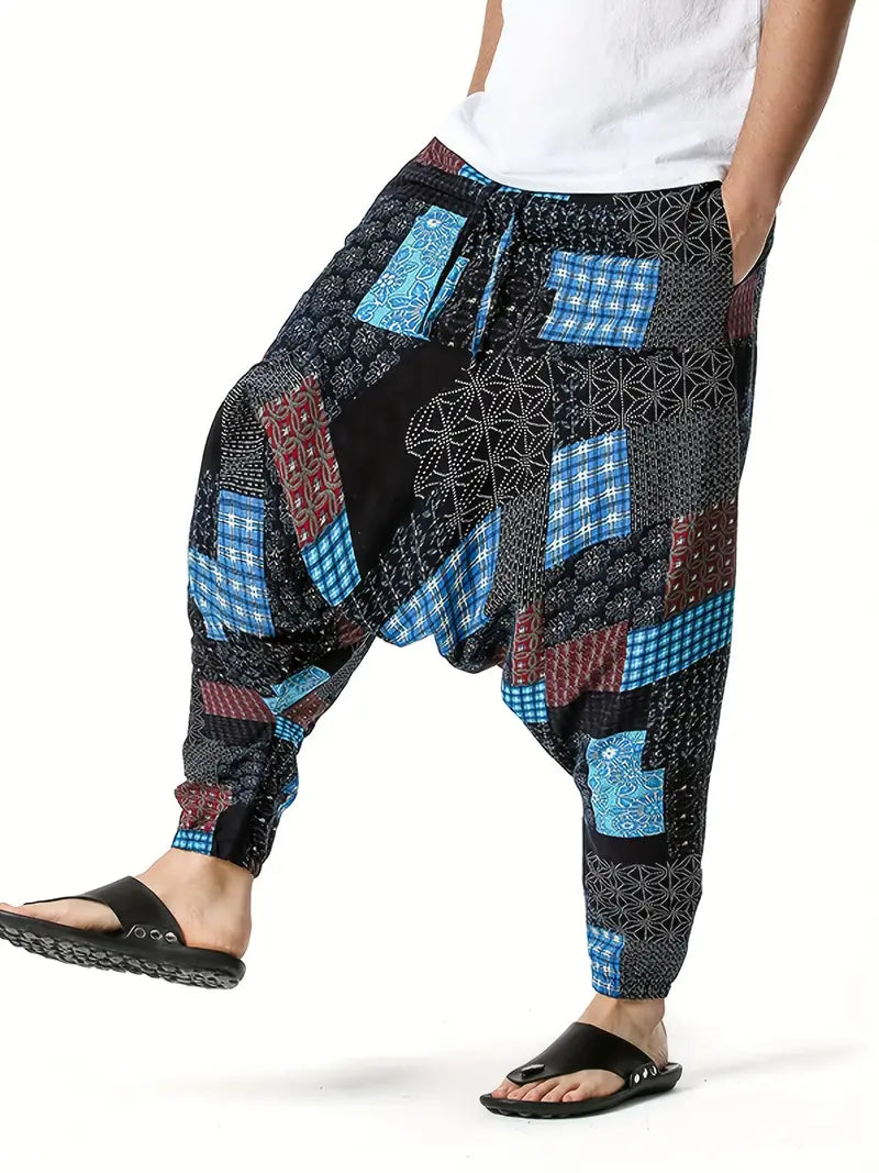 Cotton Yoga Pants - Blue Block Pattern