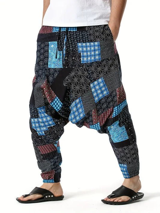 Cotton Yoga Pants - Blue Block Pattern