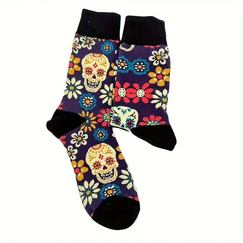 Floral Skull Pattern Cotton-Blend Crew Socks