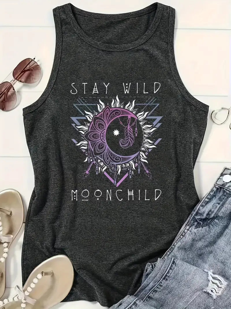 Stay WIld Charcoal Crew Neck Tank Top