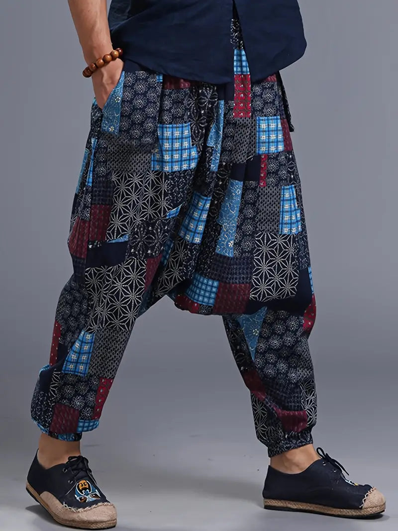 Cotton Yoga Pants - Blue Block Pattern