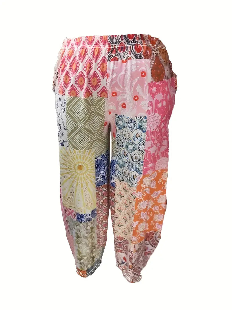 Patchwork Print Pocket Baggy Pants