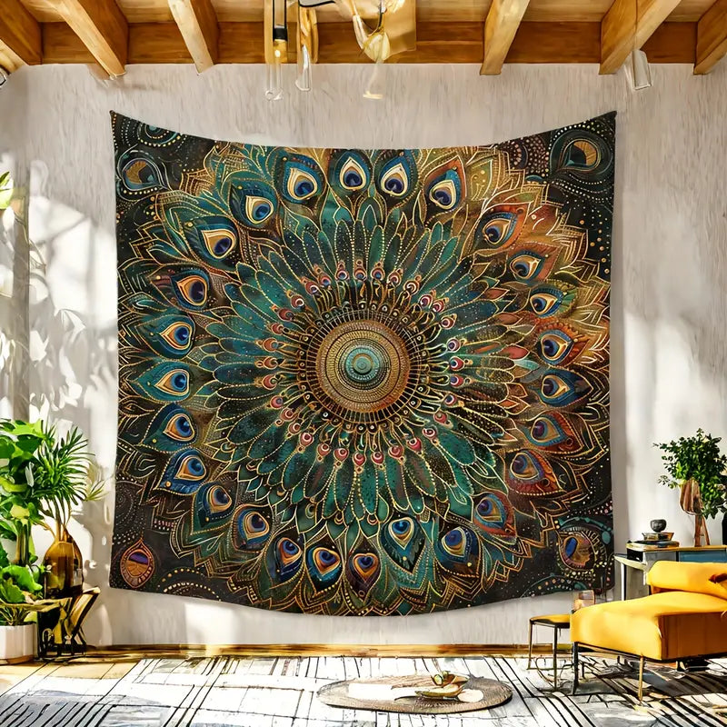 Psychedelic Peacock Bohemian Tapestry - Soft Suede Fabric