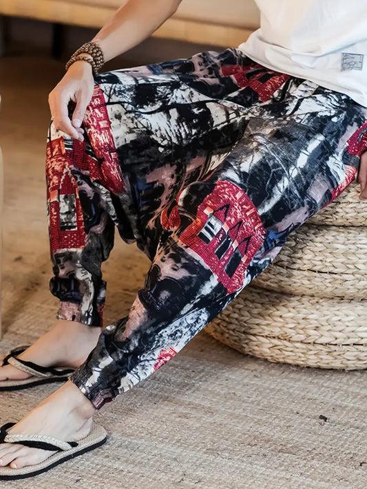 Cotton Yoga Pants - Red House Ink Tree Pattern