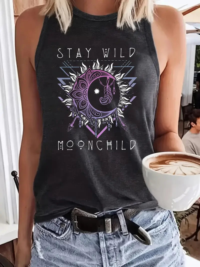 Stay WIld Charcoal Crew Neck Tank Top