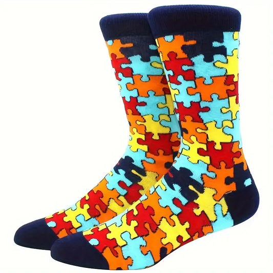 Puzzle Pattern Cotton Crew Socks