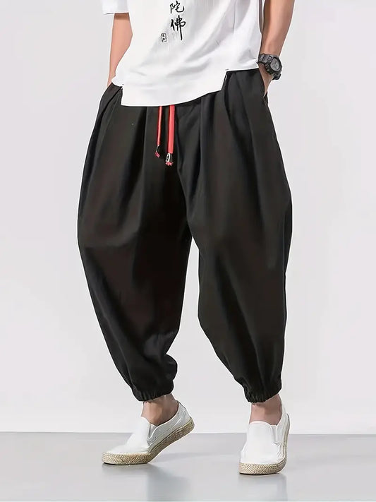 Loose Drawstring Joggers with Pockets - Black