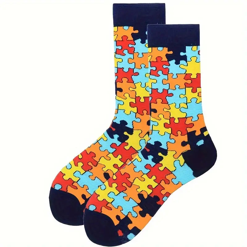 Puzzle Pattern Cotton Crew Socks