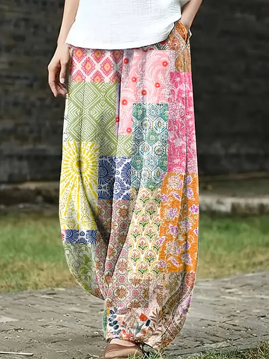 Patchwork Print Pocket Baggy Pants