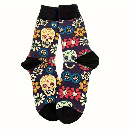 Floral Skull Pattern Cotton-Blend Crew Socks